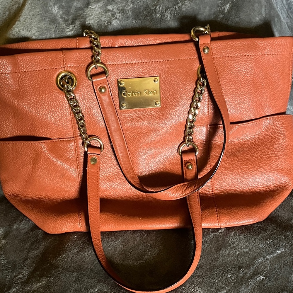 Calvin Klein Burnt Orange Tote with Gold Accents